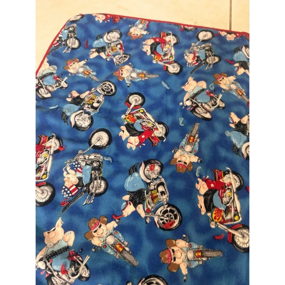 Vintage Handmade Blue Biker Pigs Hogs On Motorcycles Quilt Baby Kids 37x32